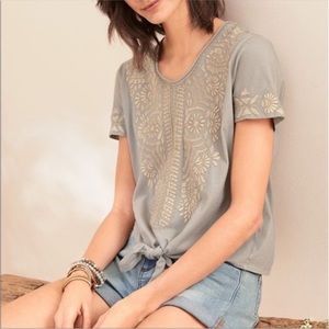 Johnny Was Rita Knot Tie Front Short Sleeve Tee Embroidered Gray Taupe